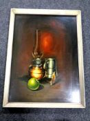 A Brian Cooke (born 1939) oil on board, still life study.