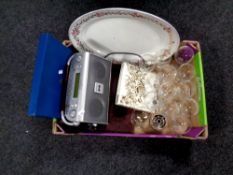 A box containing miscellaneous to include cased cutlery, assorted glassware,
