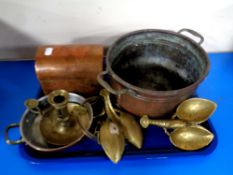 A tray containing antique and later metal wares to include a 19th century copper casket and twin
