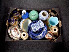 A box containing assorted antique and later oriental ceramics to include vases,