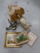 A carved marble table lamp with floral shade together with a three way metal light fitting and