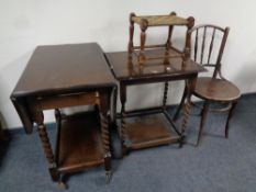 A 20th century barley twist occasional table together with a drop leaf trolley,