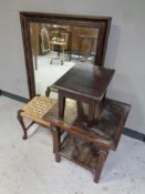 A contemporary bevel edged wall mirror together with an antique rush seated stool,