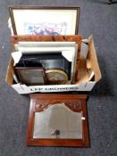 A box containing assorted pictures, prints, picture frame,