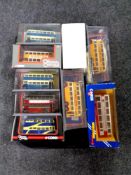 A tray containing nine Corgi die cast buses,