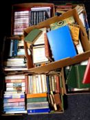 Six boxes containing 20th century hardback and paperback books to include Collins leather bound