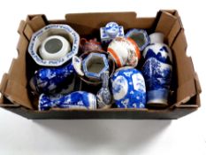 A box containing antique and later oriental wares to include vases, teapot,