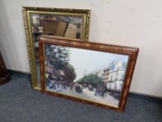 A gilt framed bevel edged mirror together with a framed print,