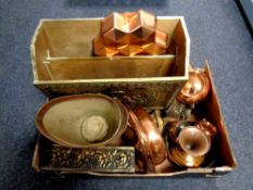 A box containing metal wares to include brass embossed magazine rack, copper planter, jelly mould,