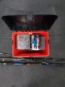 Four beach casting rods together with two by Fladen together with a Sunridge tackle box containing