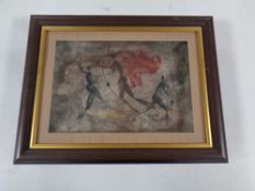 An S Caulfield tribal painting depicting native figures and a rhinoceros on hide in display frame