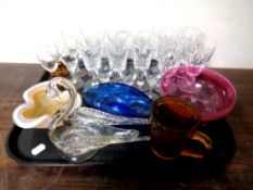 A tray containing assorted glassware to include liqueur glasses, Art Glass ashtray,