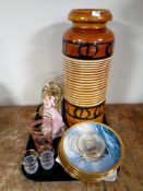 A tray containing West German vase, collector's plates, a Wedgwood porcelain figure,