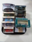 A tray containing nine die cast vehicles to include Dinky, Ford Thunderbird, Buick Skylark, Corgi,