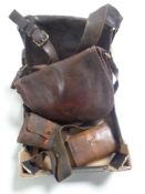 A box of two vintage leather cartridge bags and two vintage leather fly wallets