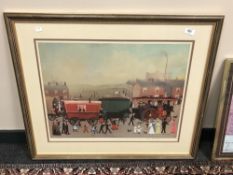 After Helen Bradley : Figures in a street, colour print,