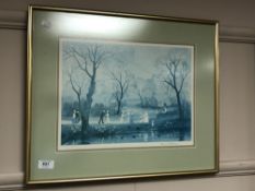 After Helen Bradley : Figures by a lake, colour print, 39 x 29 cm, signed in pencil,