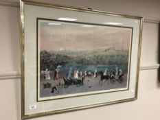 After Helen Bradley : Figures on a bridge, colour print, 71 x 49 cm,