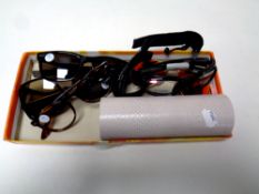 A box containing six pairs of prescription glasses and sunglasses to include Jimmy Choo, Rayban,