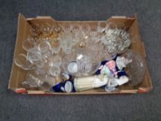 A box containing antique and later drinking glasses, crystal basket and vase, Spanish figure,