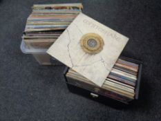 A box and a case containing vinyl LPs to include Bruce Springsteen, The Stranglers, The Scorpions,