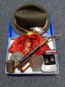 A tray containing miscellaneous to include an antique cloth tasseled hat, gent's Trilby hat,