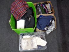 Four boxes containing a large quantity of assorted lady's and gent's clothing, leather belts, ties,