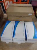 Two boxes containing a quantity of Symsav disposable vinyl gloves and economical care wipes