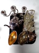 A tray of two Edwardian silver plated and cut glass four piece cruet sets,