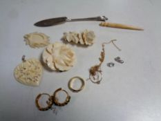 A box containing 9ct gold pendant on chain, silver earrings, gilt ring and earrings,