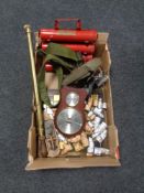 A box containing miscellaneous to include brass rose sprayer, chess board and pieces,