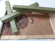 Five Chinese scroll wall hangings depicting emperors (four boxed)