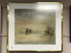 A continental colour print depicting boats in still water,