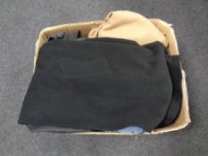 A box of assorted coats and jackets : Barbour, leather jacket,