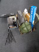 A folding music stand together with a box and a crate containing miscellaneous to include picture