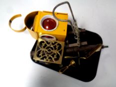 A tray of antique and later metal wares : rose sprayer, companion pieces, trivet,