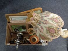 A box containing a 1970s mirror mounted on a teak board, a marble table lamp with shade,