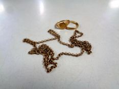A 9ct gold chain (broken), 2.5g, together with a 9ct gold ring, 2.9g, and yellow gold band ring.