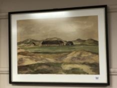 20th century school : Buildings by a hillside, watercolour,