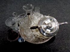 A tray containing a large quantity of silver plated and glass items to include lead crystal cut