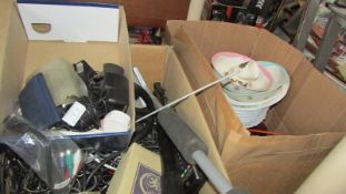 Two boxes of miscellanoeus tools, china etc.