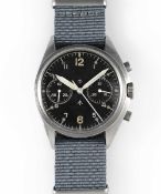 A GENTLEMAN'S STAINLESS STEEL BRITISH MILITARY CWC RAF PILOTS CHRONOGRAPH WRIST WATCH DATED 1974,