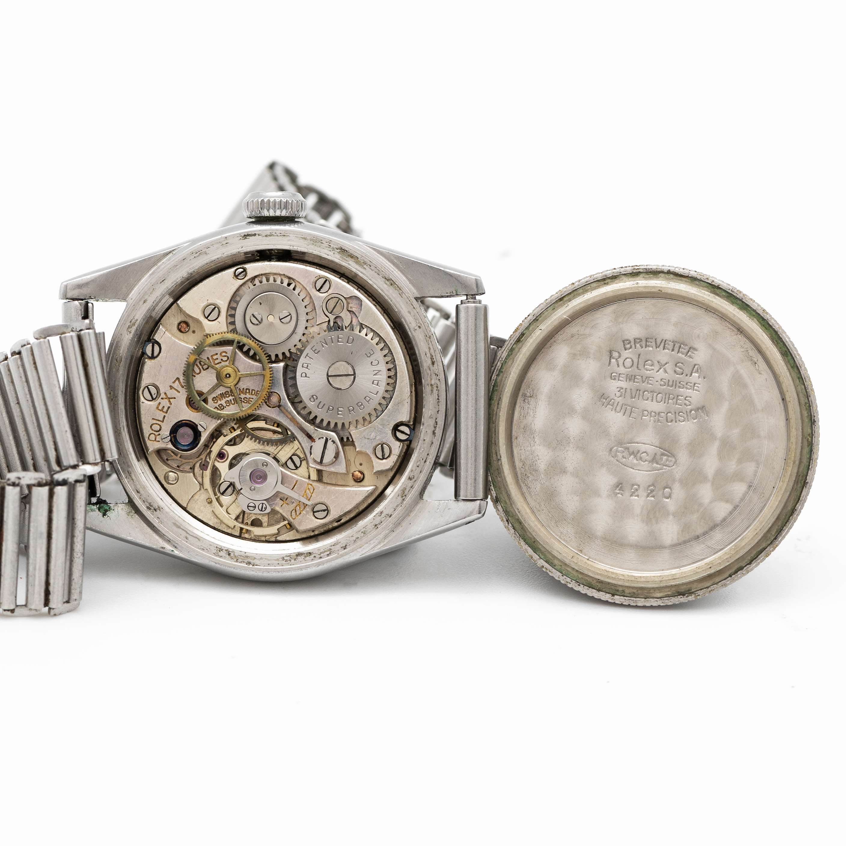 A RARE GENTLEMAN'S STAINLESS STEEL ROLEX OYSTER PRECISION BRACELET WATCH CIRCA 1940s, REF. 4220 WITH - Image 6 of 8