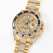 A FINE & RARE 18K SOLID YELLOW GOLD, DIAMOND & SAPPHIRE ROLEX OYSTER PERPETUAL DATE GMT MASTER II