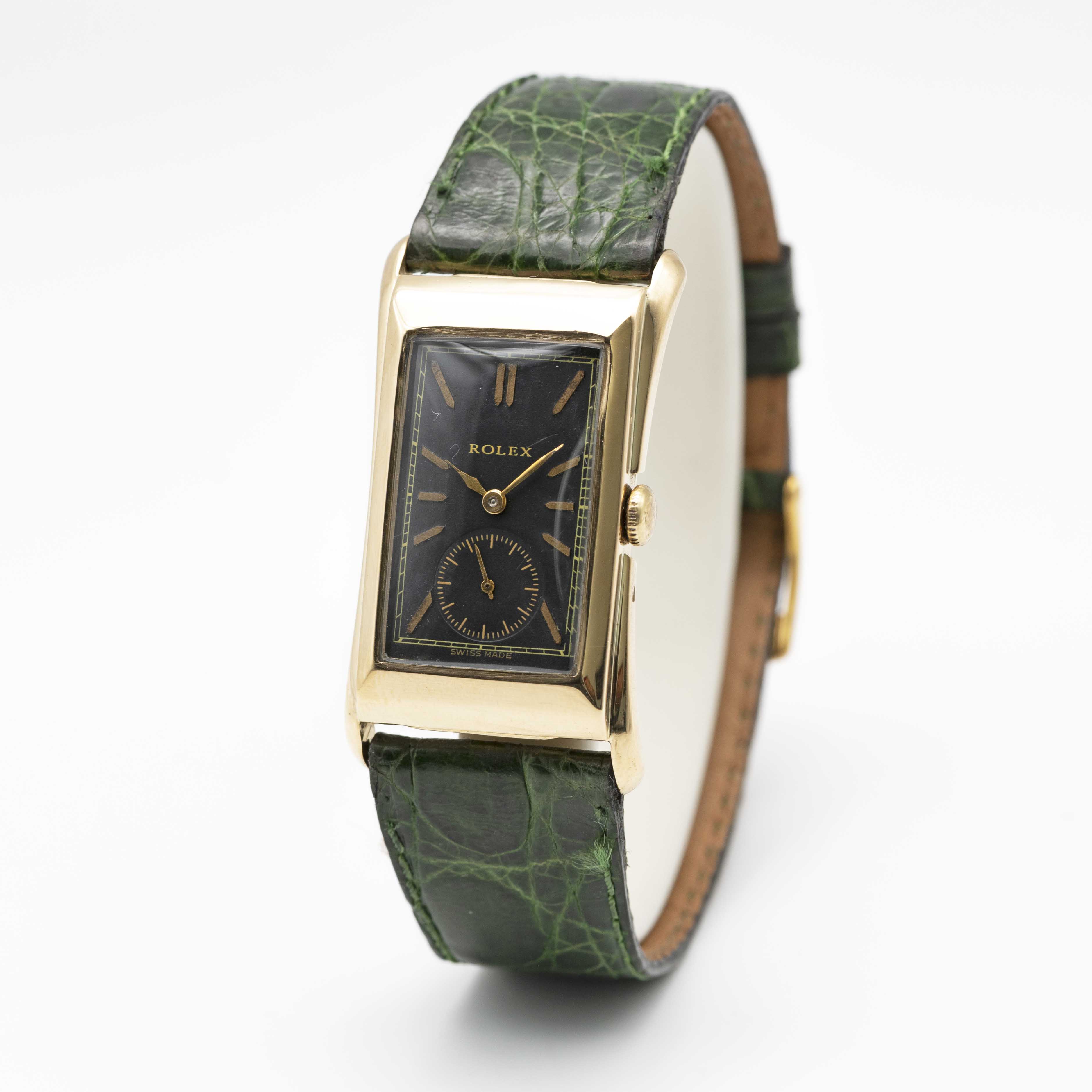 A GENTLEMAN'S 18K SOLID GOLD ROLEX BRANCARD "PRINCE" FLARED RECTANGULAR WRIST WATCH CIRCA 1930s, - Image 3 of 9