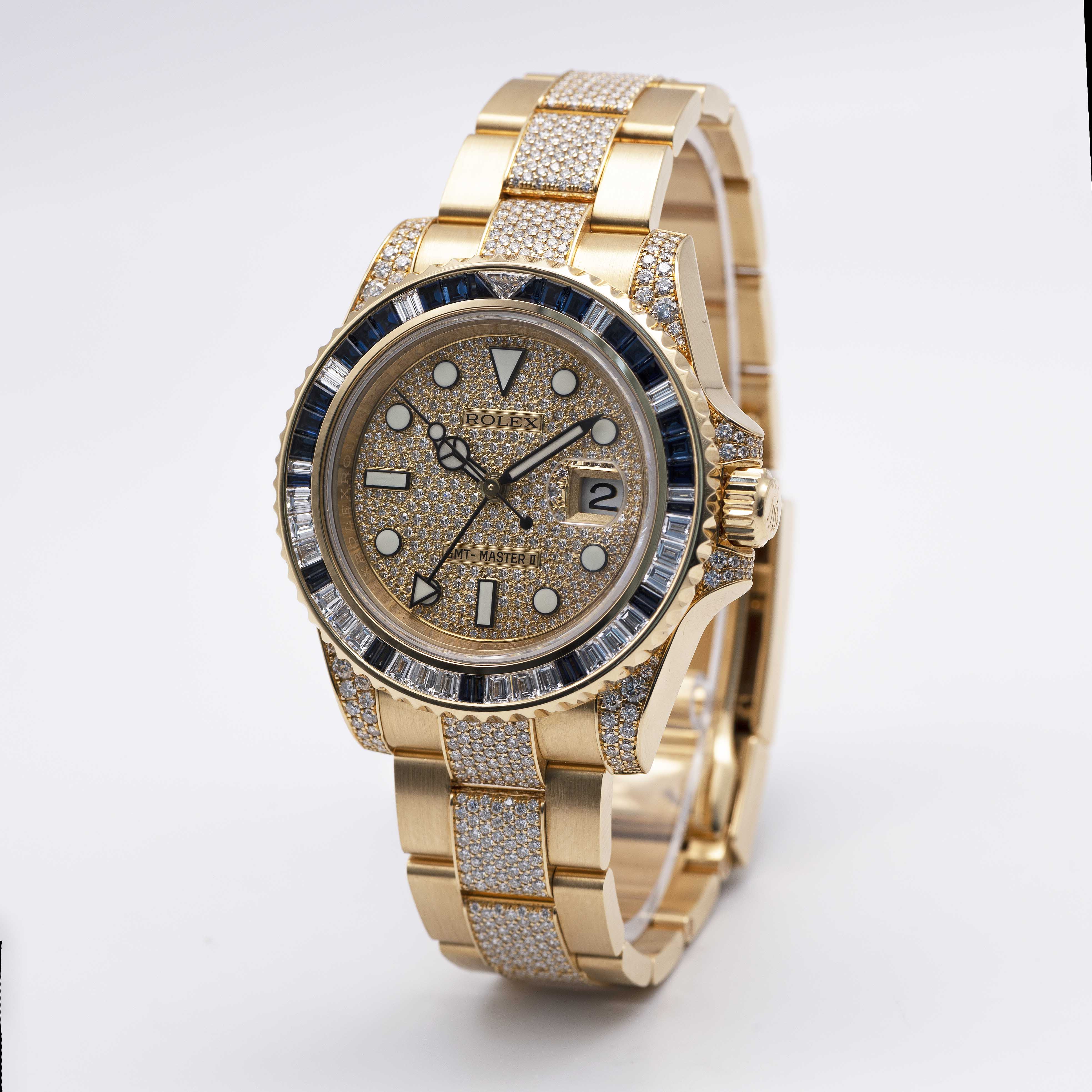A FINE & RARE 18K SOLID YELLOW GOLD, DIAMOND & SAPPHIRE ROLEX OYSTER PERPETUAL DATE GMT MASTER II - Image 6 of 12