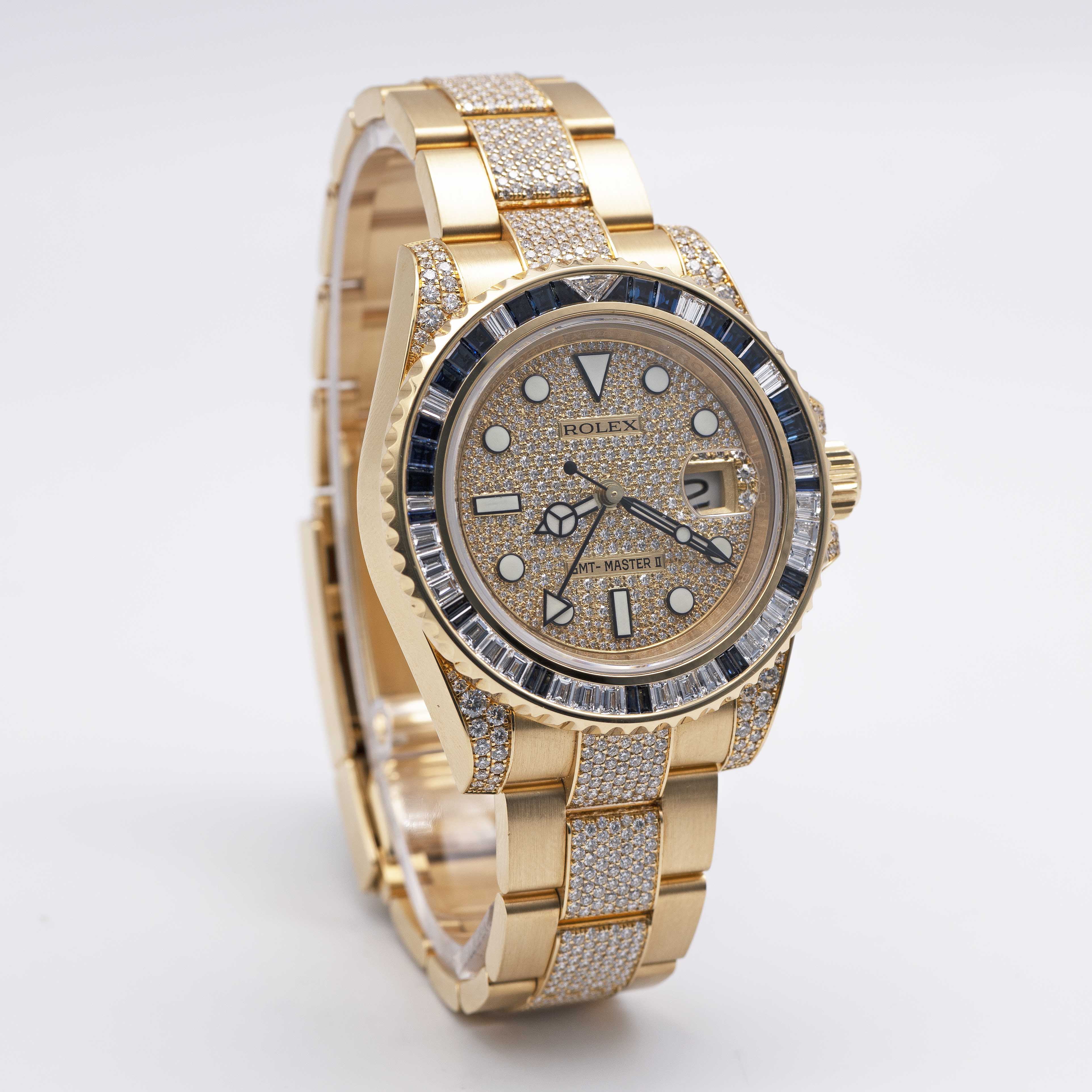 A FINE & RARE 18K SOLID YELLOW GOLD, DIAMOND & SAPPHIRE ROLEX OYSTER PERPETUAL DATE GMT MASTER II - Image 7 of 12