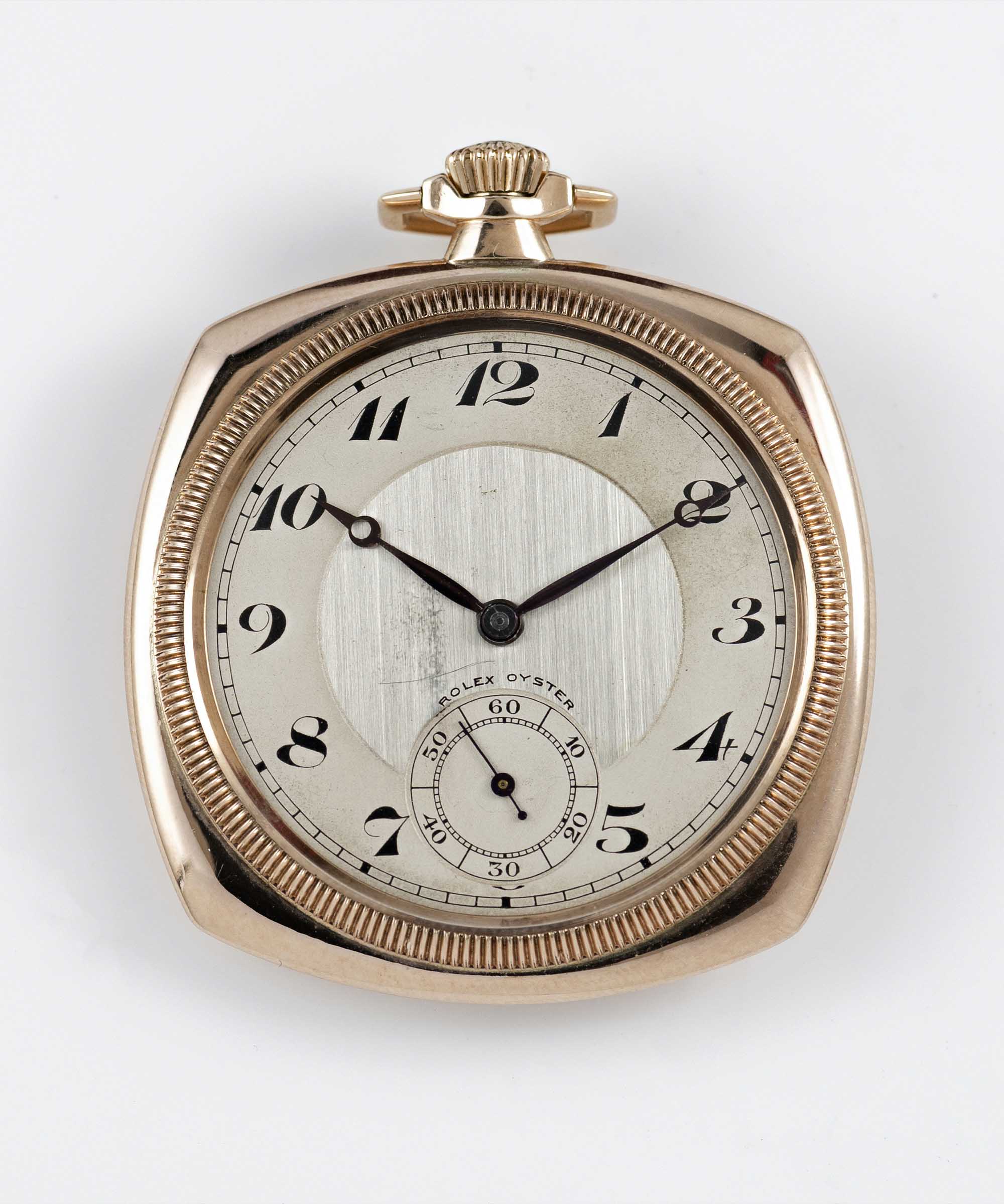 A RARE GENTLEMAN'S 9K SOLID GOLD ROLEX OYSTER "CUSHION" POCKET WATCH CIRCA 1920s, WITH BREGUET