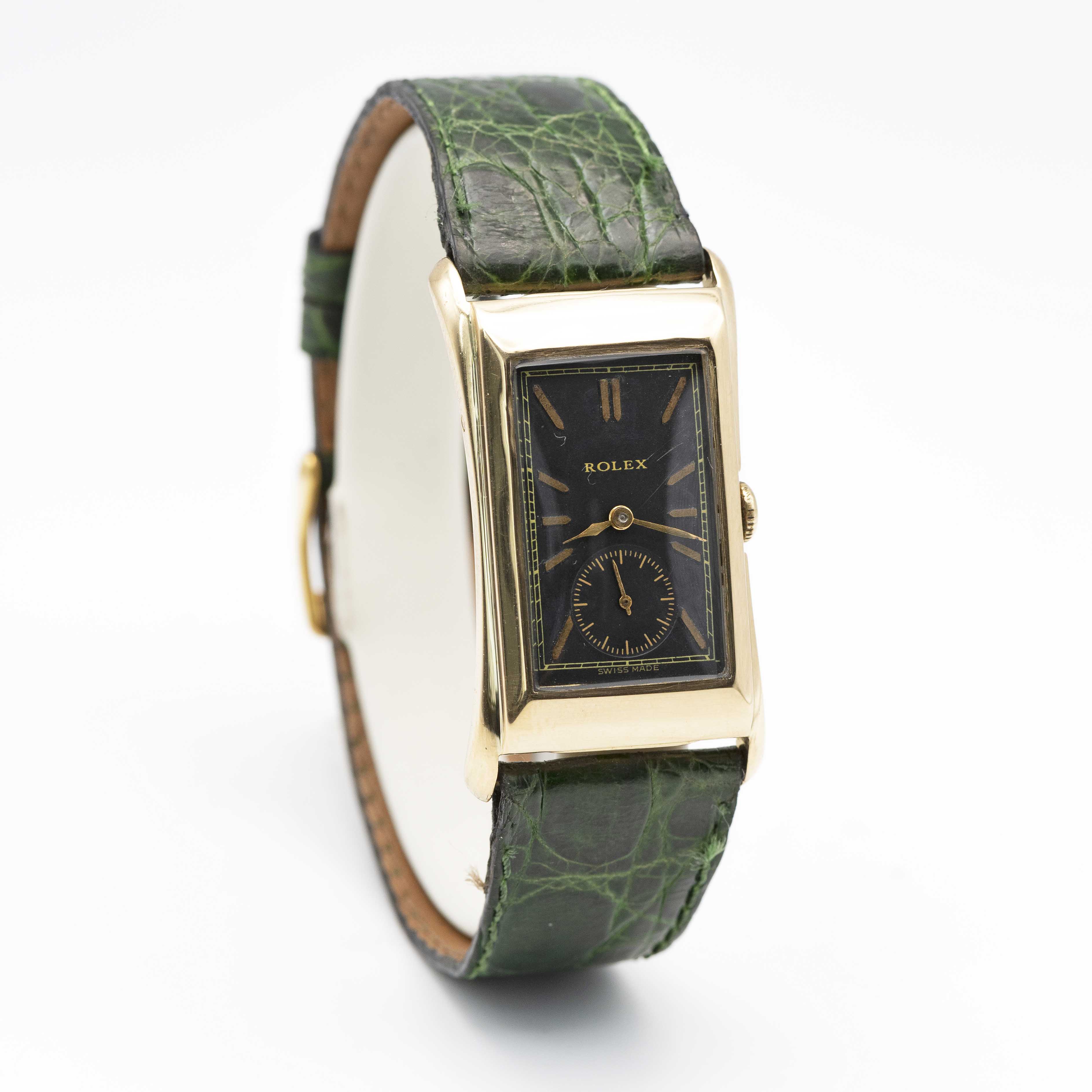 A GENTLEMAN'S 18K SOLID GOLD ROLEX BRANCARD "PRINCE" FLARED RECTANGULAR WRIST WATCH CIRCA 1930s, - Image 4 of 9