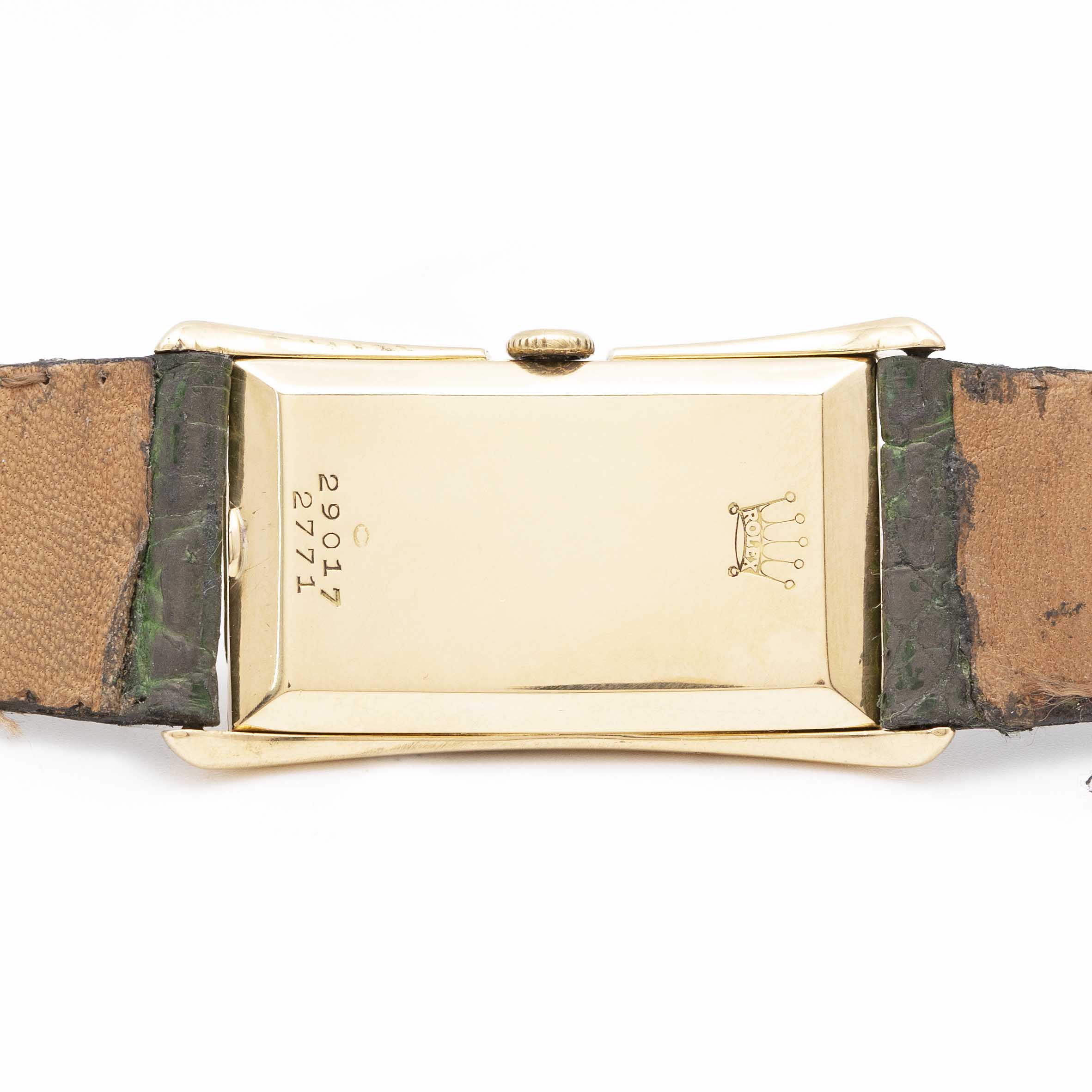 A GENTLEMAN'S 18K SOLID GOLD ROLEX BRANCARD "PRINCE" FLARED RECTANGULAR WRIST WATCH CIRCA 1930s, - Image 5 of 9